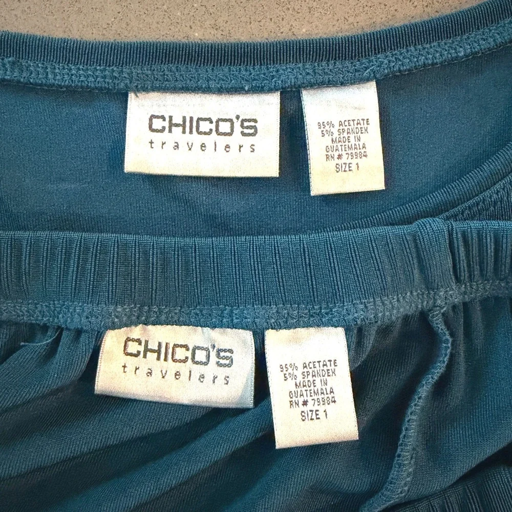 Chicos Travelers 2pc Tank Skirt Set Size 1 Medium Teal Blue Drapey Office Travel